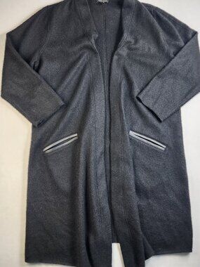 Eileen Fisher Woman's Large Alpaca Long Cardigan Black Open Front Soft Flawed